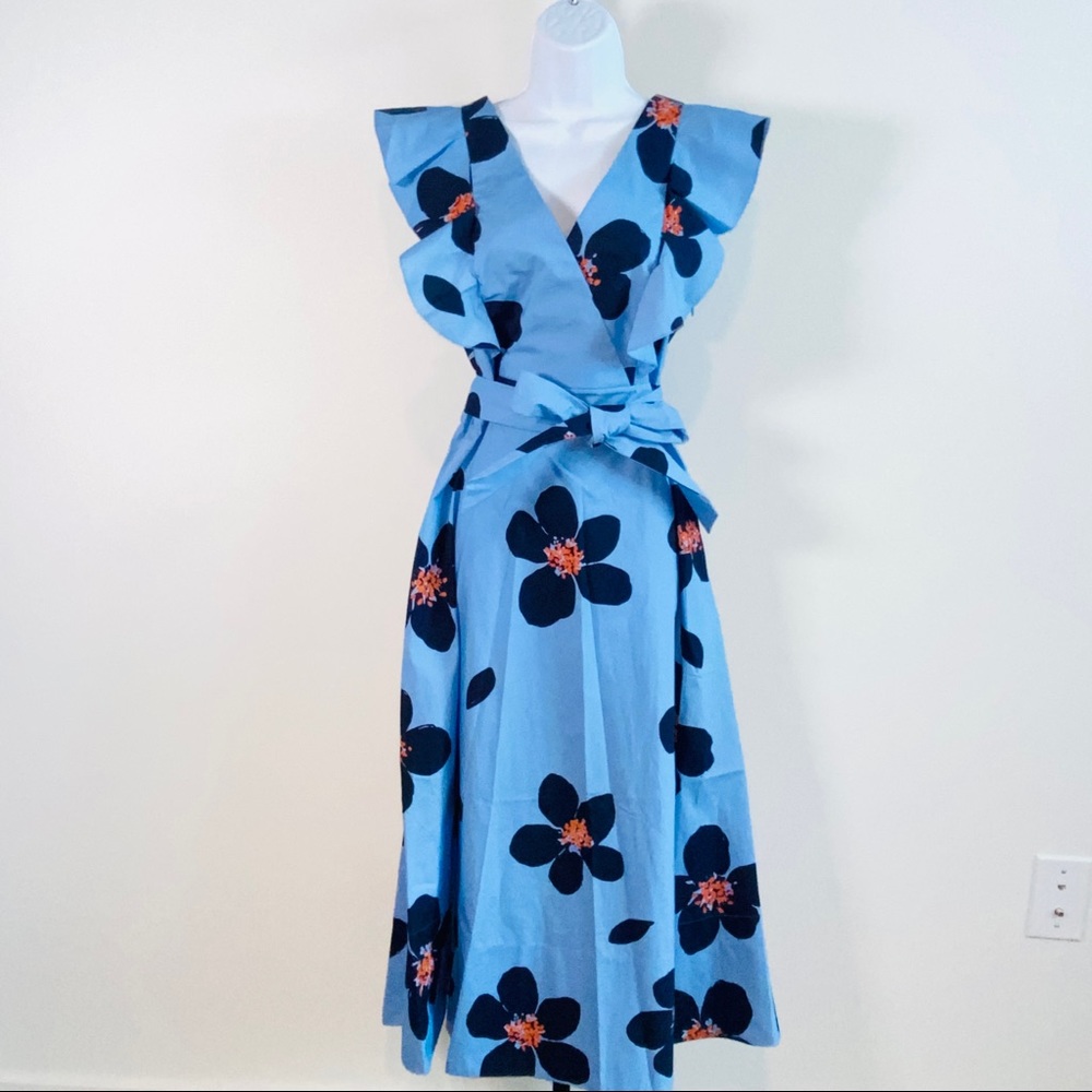 Kate Spade Tea Garden Blue & Orange Floral Print Cotton Midi Dress - Picture 2 of 13